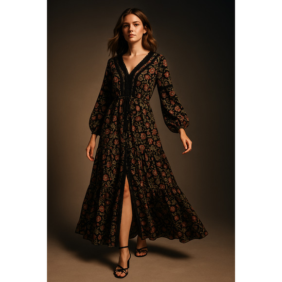 Wonderly Floral Boho Maxi Dress Black Multicolor – Size XL - Picture 1 of 16